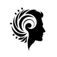 A minimalist black silhouette of a human profile, integrated with swirling organic patterns, representing thoughts and nature, set against a pristine white background. vector