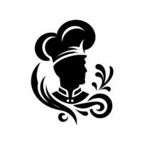 Elegant chef silhouette profile wearing a tall toque, adorned with ornamental flourishes against a pristine white backdrop. vector