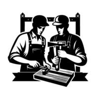 Black and white woodworking duo two craftsmen at work with hammer and chisel in a vintagestyle illustration with framing elements. vector