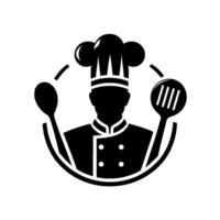 A minimalist silhouette of a chef in uniform, centered within a circular frame, holding a spoon and spatula, representing culinary expertise. vector