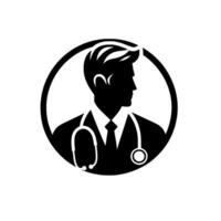 Black and white silhouette of a medical doctor with a stethoscope inside a circle, representing healthcare and professionalism, ideal for logos. vector