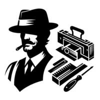 A stylized, black and white illustration of a fedorawearing figure with a cigar, alongside carpentry tools, suggesting craftsmanship and a retro aesthetic. vector