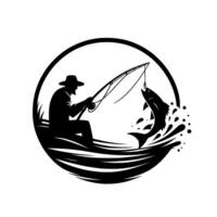 Silhouette illustration of a fisherman in a boat, reeling in a leaping fish, depicted within a circular frame. vector