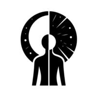 Symbolic illustration of a human figure with a halved circle symbolizing day and night, representing duality and consciousness. vector