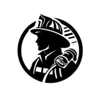 Silhouette of a firefighter in profile, encircled, with a hose nozzle, representing bravery and community service. vector