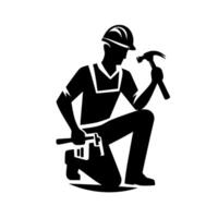 Black and white silhouette of a kneeling construction worker with hammer and wrench, against a white background. vector