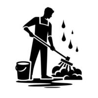 Silhouette of a janitor mopping, representing cleaning with bucket and water droplets, minimalist vector