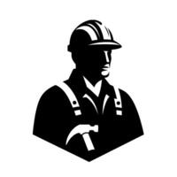 Silhouette of a construction worker with hammer, hard hat, and overalls, rendered in black and white against a clean background. vector