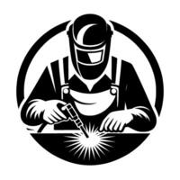 Bold black and white silhouette of a welder in protective gear, focused on sparking welding activity inside circular frame vector