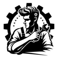 A stylized, bold black and white illustration of a determined mechanic holding a wrench, set against a gear, suggesting expertise and precision. vector