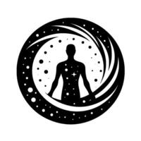 Silhouette of a person within a celestial portal, representing inner space and cosmic connection. the figure is filled with stars, suggesting unity with the universe. vector
