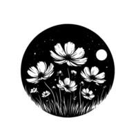 A minimalist, monochrome illustration featuring delicate cosmos flowers and blades of grass, nestled within a black circle representing night with a crescent moon and stars. vector