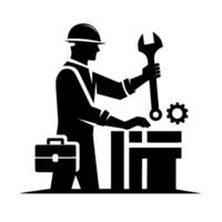 A silhouette of a construction worker, poised with a wrench, gear, toolbox, and workbench, symbolizing industry and precision. vector