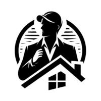 Silhouette of a professional man in a cap and suit jacket, over a house outline, inside a stylized arch, symbolizing home services and expertise. vector
