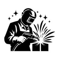 Bold black and white illustration of a welder at work, sparks emanating from the welding torch against a white background. vector