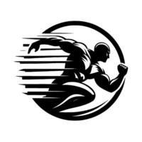 Dynamic black and white of a muscular sprinter bursting through a circle, exuding speed, power, and athleticism. vector