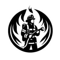 Courageous firefighter in silhouette emblem depicting a resolute figure, armed with hose, standing against a backdrop of stylized flames within a circular frame, representing bravery and readiness. vector