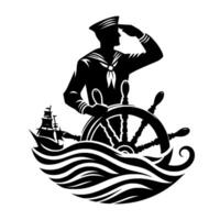 Silhouette of a sailor at the helm, saluting, overseeing a ship amidst the sea, in a bold black and white design. vector