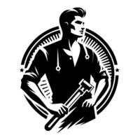 A stylized, bold black and white of a confident male figure in medical attire, encircled by a decorative badge, holding a wrench. vector