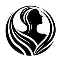 Silhouette of a womans profile enclosed in a circular frame, with flowing hair and abstract, organic lines, symbolizing elegance and beauty. vector