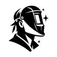 Silhouette of a welder with bandana, wearing a welding helmet, set against a stark white background, with stylized starshaped highlights. vector