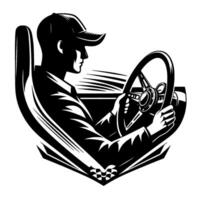 A stylized black and white illustration of a driver in a baseball cap gripping a racing steering wheel, positioned within a stylized cockpit silhouette and a checkered flag motif at the base. vector