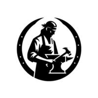 Silhouette of a blacksmith forging metal on an anvil, enclosed in a circular frame with crescent top. vector