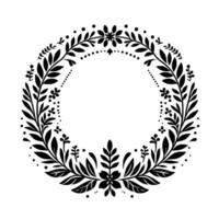 Elegant black and white floral wreath a symmetric, vectorstyle illustration featuring stylized leaves, dots, and blossoms forming a circular frame. vector