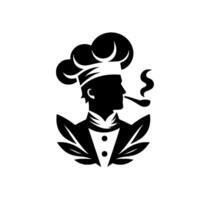 Silhouette of a sophisticated chef with a pipe, wearing a tall chefs hat, adorned with a leaflike design, exuding elegance, simplicity, and culinary expertise. vector