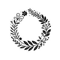 Elegant black and white botanical wreath a circular arrangement of leaves, flowers, and delicate details on a clean white background. vector
