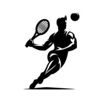 Dynamic silhouette of a tennis player in motion, swinging with a racket and watching the ball vector