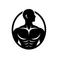 A striking minimalist black and white silhouette of a muscular torso within an oval frame, symbolizing strength and fitness. vector