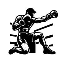 Dynamic black and white silhouette of a boxer in action, kneeling in the ring, delivering a powerful punch with boxing gloves. vector