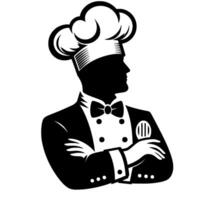Elegant silhouette of a chef in a tuxedo and hat, arms crossed, profile facing right, classic black and white design. vector