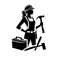 Silhouette of a determined female construction worker, poised with a hammer and toolbox, embodying strength and craftsmanship in black and white. vector