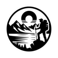 Silhouette of a hiker with backpack and trekking pole, set against a mountain and lake landscape within a circular frame, inspired by natures beauty. vector