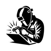 Bold silhouette of a welder in action, depicting precision and skill with a shielding helmet and welding torch, capturing sparks and energy. vector