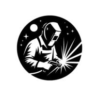 A silhouette welder amidst the stars, captured within a circular emblem, illustrating craftsmanship and a celestial backdrop. vector