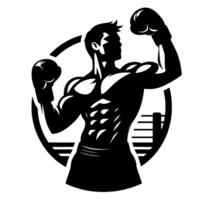 Striking silhouette muscular boxer posing proudly in ringlike circle, emphasizing strength and athleticism with bold black and white design. vector