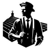 A stylized, silhouetted image of a man in a fedora and suit with suspenders, standing next to a house roof, in a clean, minimalist illustration with high contrast. vector