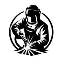 A stylized, silhouetted depiction of a welder at work, enclosed within a circular frame, showcasing sparks and protective gear. vector