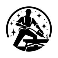 Silhouetted worker using a power tool on a workbench, framed by a circle and starburst accents, showcasing a sense of professionalism. vector