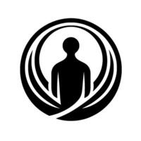 A stylized, minimalist black silhouette of a human figure enveloped within concentric circular and curved elements, suggesting protection and wholeness. vector