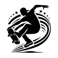 A dynamic black and white silhouette captures a skateboarder midair, with stars and curved lines emphasizing the motion and energy of the trick. vector