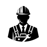 Silhouetted engineertechnician in formal attire with hard hat, toolbox wrench black and white for construction or technical fields vector