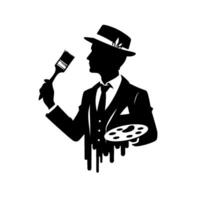 A silhouette of an artist in a suit holding a brush and palette, with paint dripping from the imagery. vector