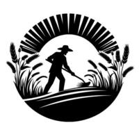 A stylized black and white emblem depicting a farmer silhouetted within a circular field, reaping wheat under a sunburst backdrop, conveying agricultural labor. vector