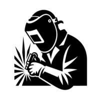 A black and white illustration depicting a welder in protective gear, welding with a bright burst of light emanating from the torch. vector