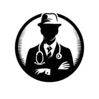 Silhouette of a doctor in a suit and hat within a circular frame, featuring a stethoscope, illustrating a professional medical symbol. vector
