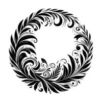 Intricate black and white floral wreath with leaves and spirals, forming a decorative circular pattern on a white background. vector